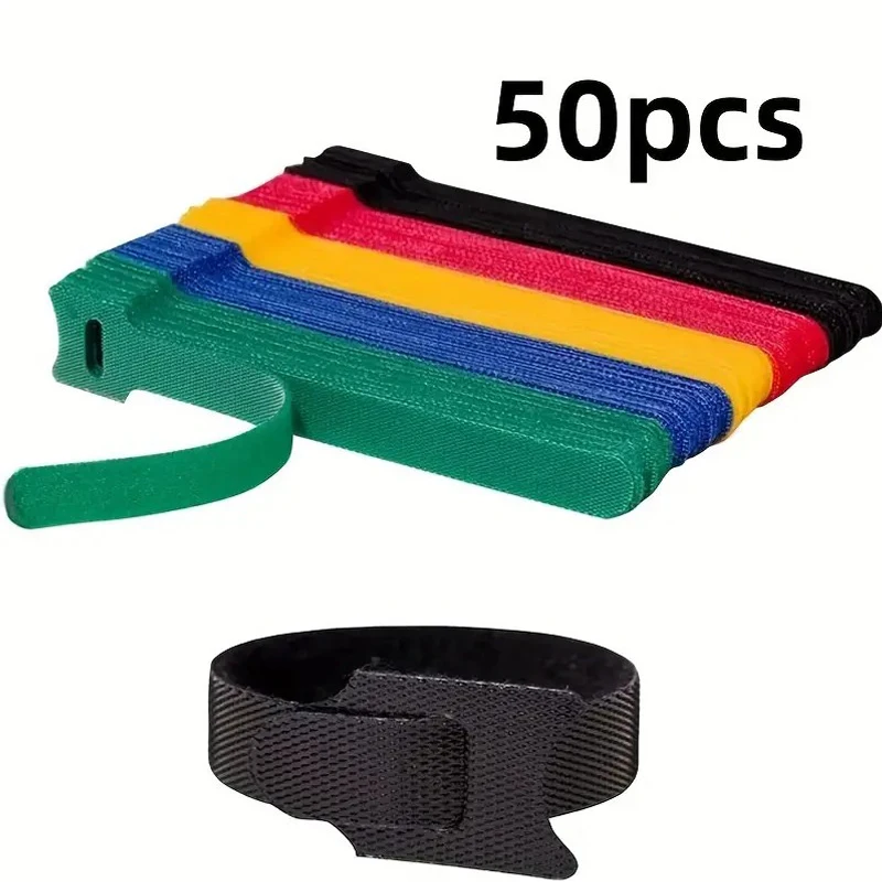 Gear Tie Reusable - 50個 再利用可能なフックとループのケーブルタイ 固定ストラップ コンピュータ/テレビ/電子機器用の多目的ワイヤーオーガナイザー