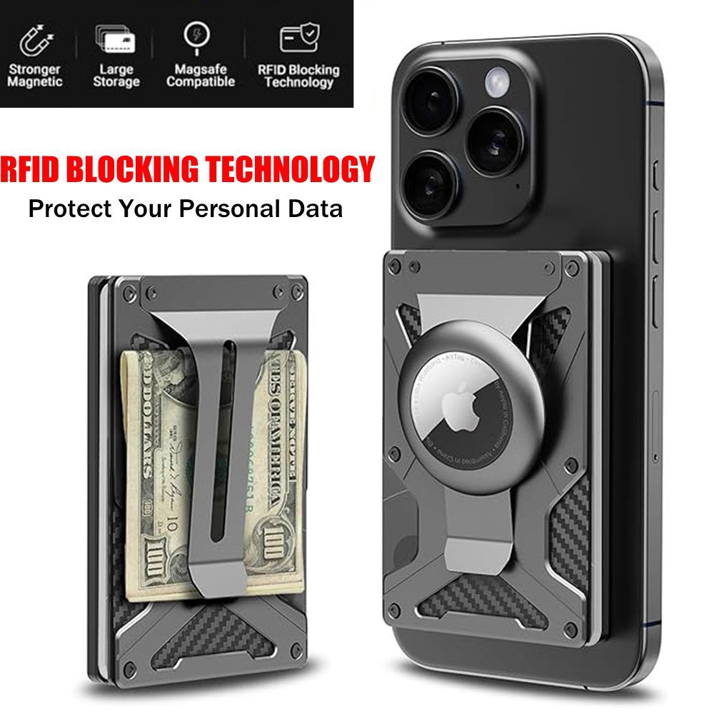 Money Clip Magnetic - Apple MagSafe対応 マグネット式スマホウォレット - AirTagホルダー付きメタルカードホルダー、RFIDブロッキング、マネークリップ付き MagSafe対応