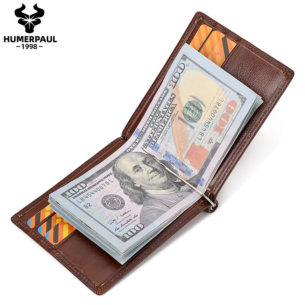 Money Clip Magnetic - 本革メンズスリム財布マネークリップ付きRFIDブロッキング二つ折りクレジットカードホルダーSlimMaleキャッシュホルダー財布