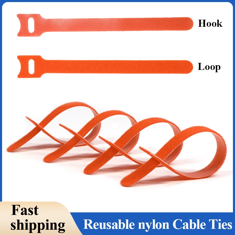 Gear Tie Reusable - Tタイプの再利用可能な固定ケーブルタイ、調整可能なコードタイ、ナイロンケーブル管理ストラップ、フックループ、ワイヤーオーガナイザー、オレンジ